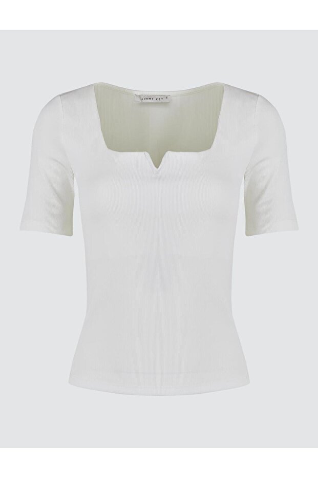 بلوزة بيضاء ذات رقبة مربعة - كم قصير - 7