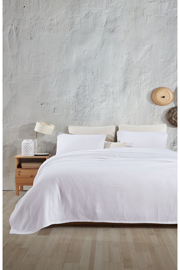 White Double 230x240cm/2 Pieces 50x70cm Pillow 4 Layer Multi Muslin 100% Cotton