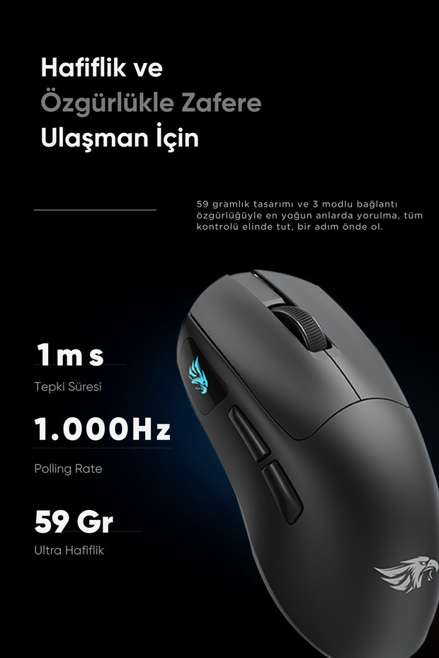 Prox Bluetooth-Kablosuz-Kablolu Şarjlı 12800 Dpı Hafif 59GR Gaming Mouse Oyuncu Mouse SİYAH - 9