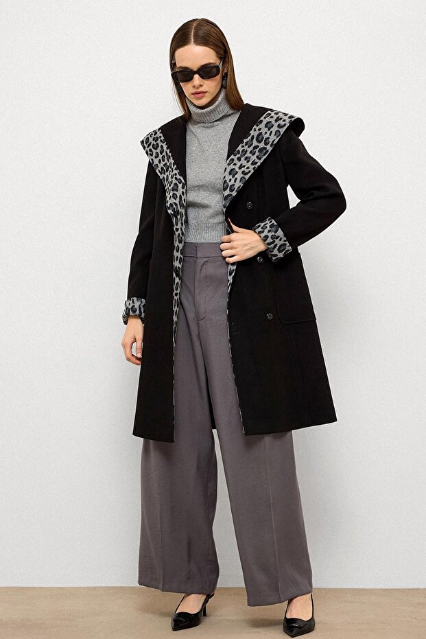 Hooded Leopard Pattern Garnished Coat with Bag Pockets Black 3123
