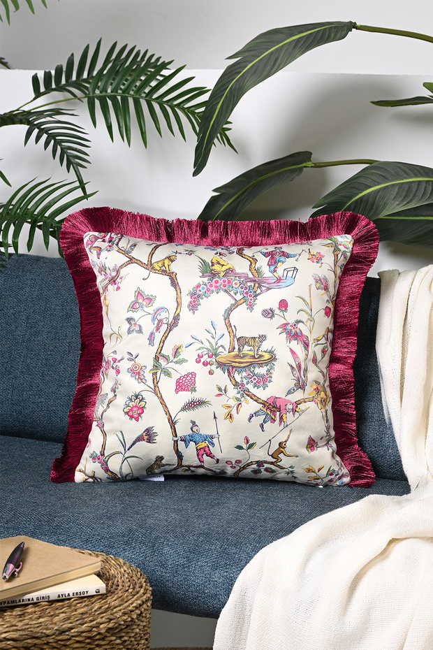 Chinese Style Detailed Design Digital Printed Velvet Cushion Cover with Fringes