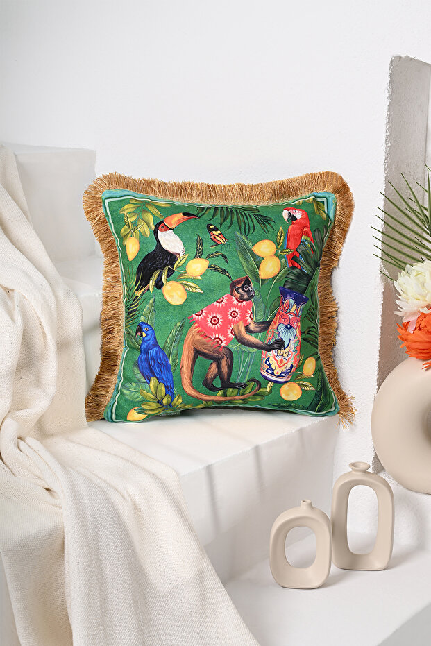 Green Background Tropical Chinese Style Monkey Pattern Digital Printed Velvet Cushion Cover with Fringes 43X43Cm