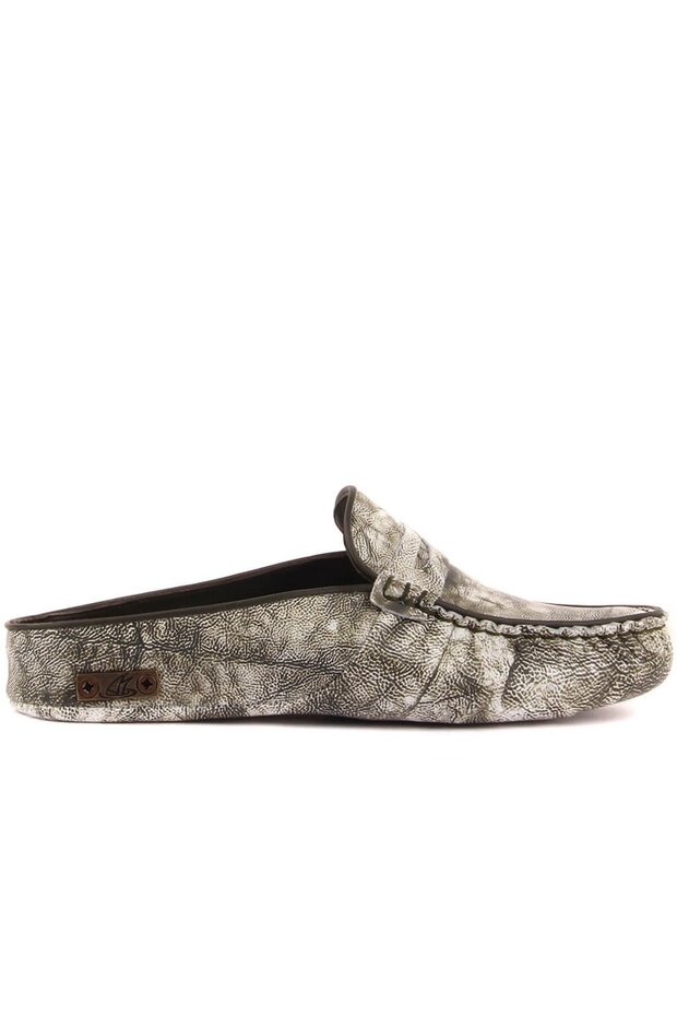 - Khaki, White Color Leather Printed Women's House Slippers 109-557-X