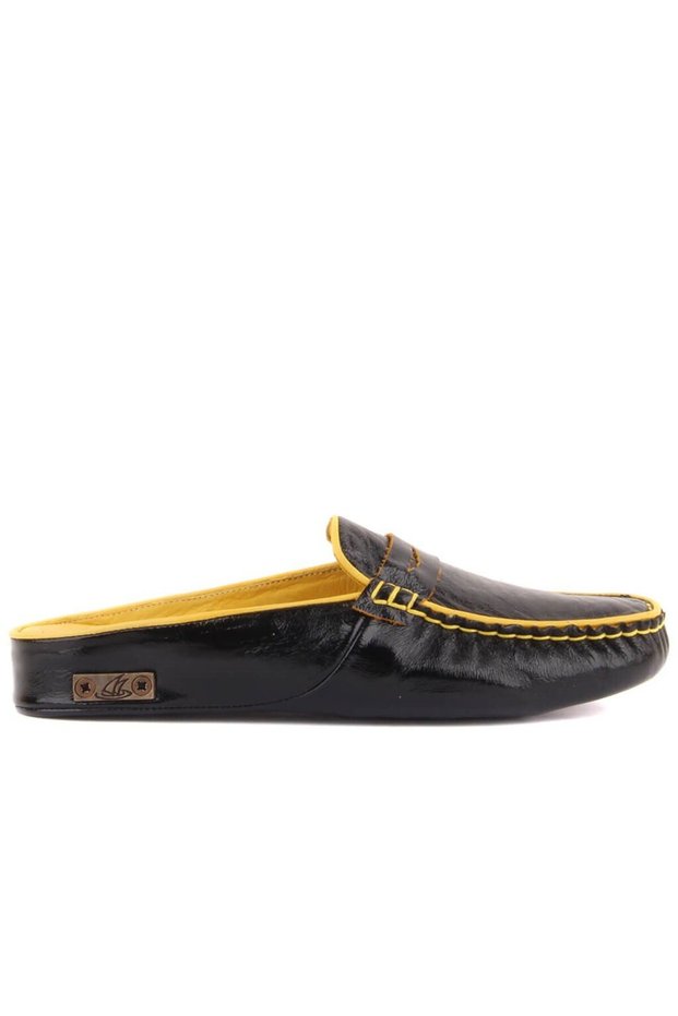 - Black Patent Leather, Yellow Leather Color Leather Women's House Slippers 109-557-X