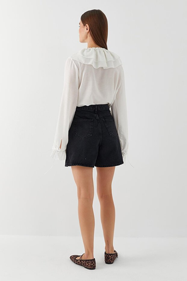 Yüksek Bel Denim Şort Siyah - 5