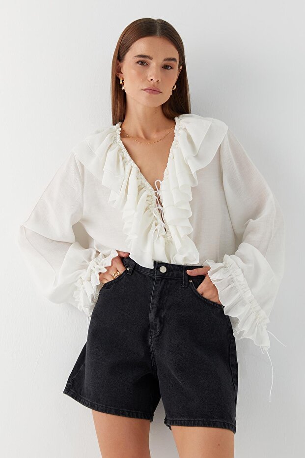 Yüksek Bel Denim Şort Siyah - 1