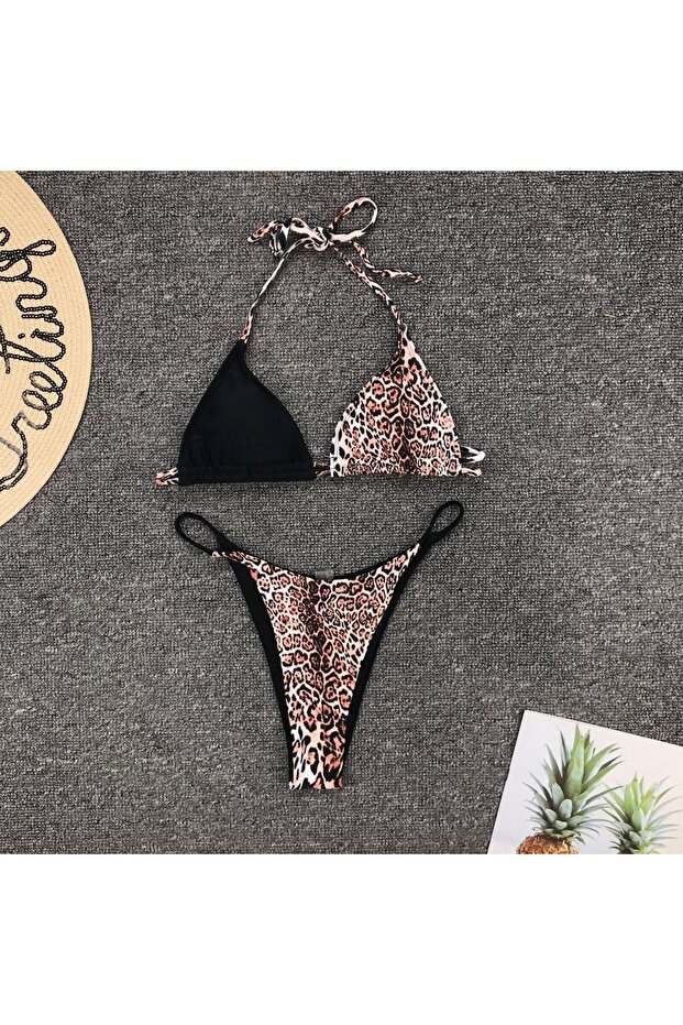 Swimsuit, 2 Pieces, Bicolor Pattern, Leopard - L - 4