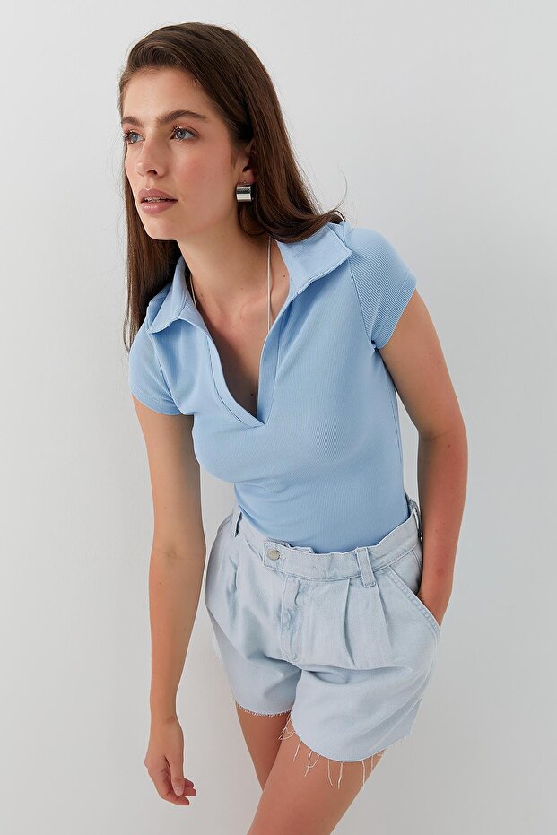 Yakalı Basic Bluz Mavi - 4