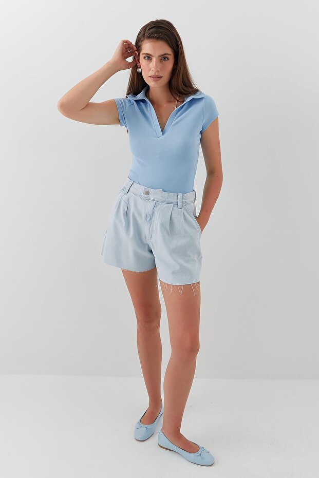 Yakalı Basic Bluz Mavi - 3