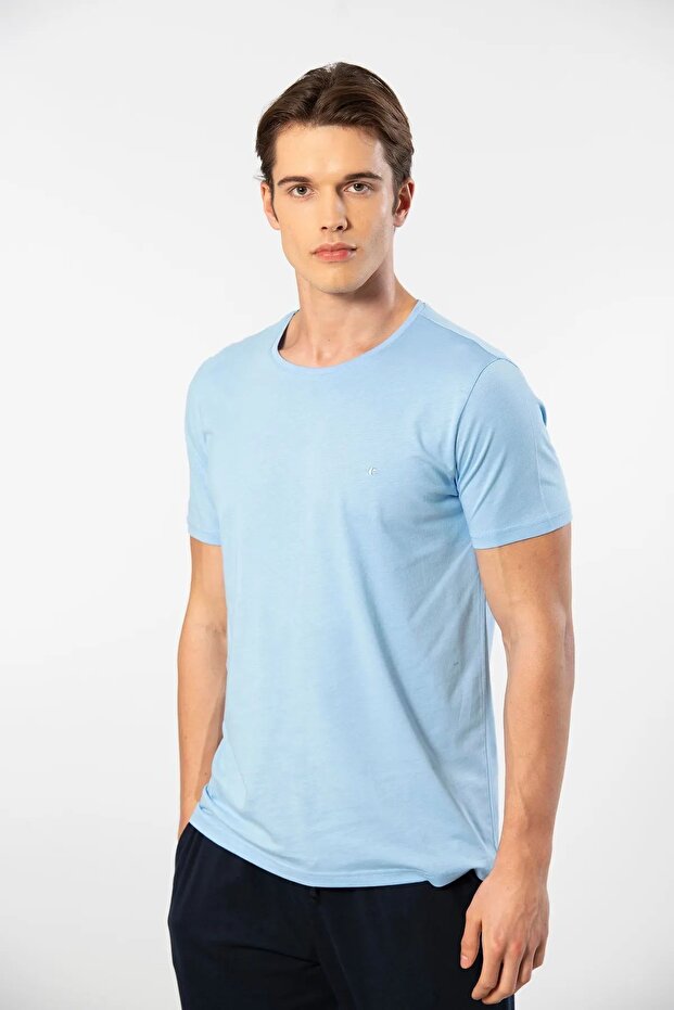2169 Men's Modal Cotton Crew Neck Short Sleeve T-Shirt-Light Blue