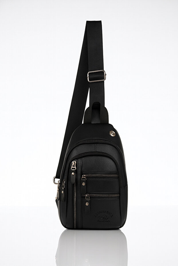 Leather Crossbody Bag Chest Bag Multi-Compartment Single Arm Shoulder Bag Bodybag with Headphone Outlet