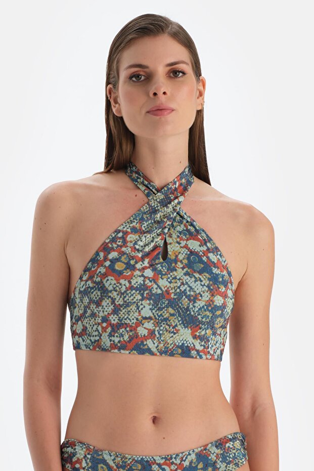 Kiremit-Mavi Halter Yaka Bikini Üst - 1