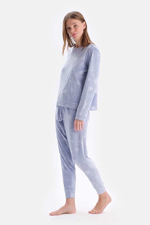 Mavi Gofre Yıldız Detaylı Örme Pijama Takımı - 3