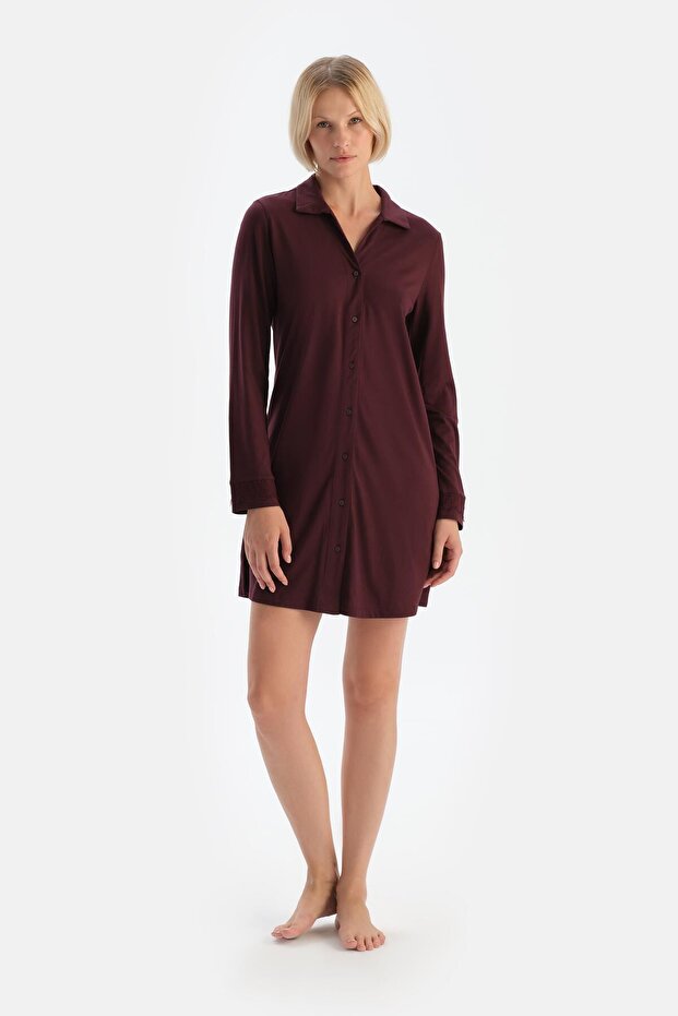 Burgundy Lace Detailed Shirt Collar Modal Nightgown