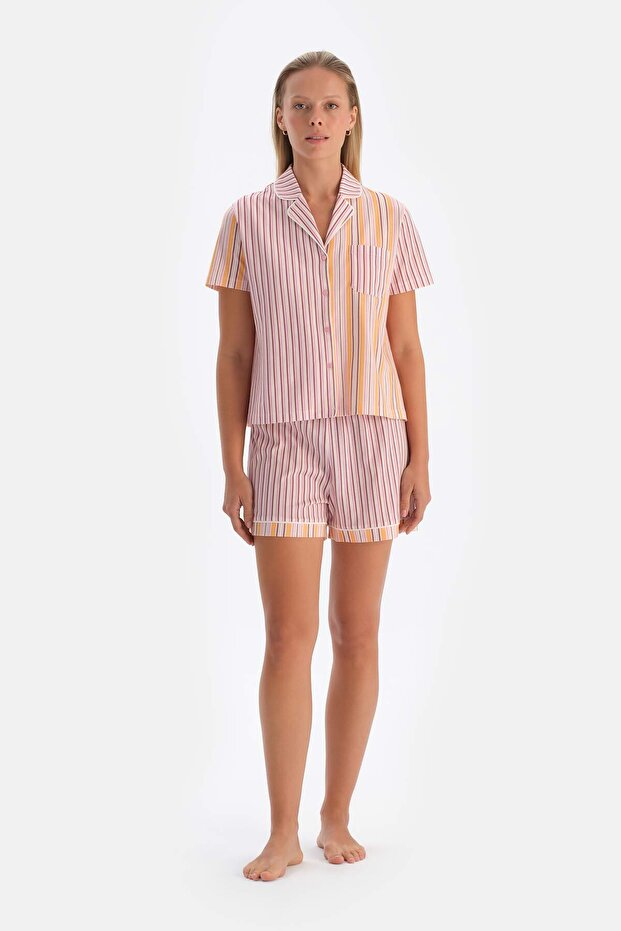 Multicolor Patchwork Çizgili Şortlu Pijama Takımı - 1