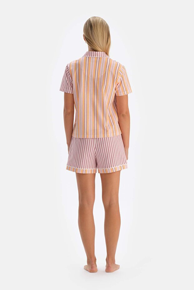 Multicolor Patchwork Çizgili Şortlu Pijama Takımı - 2