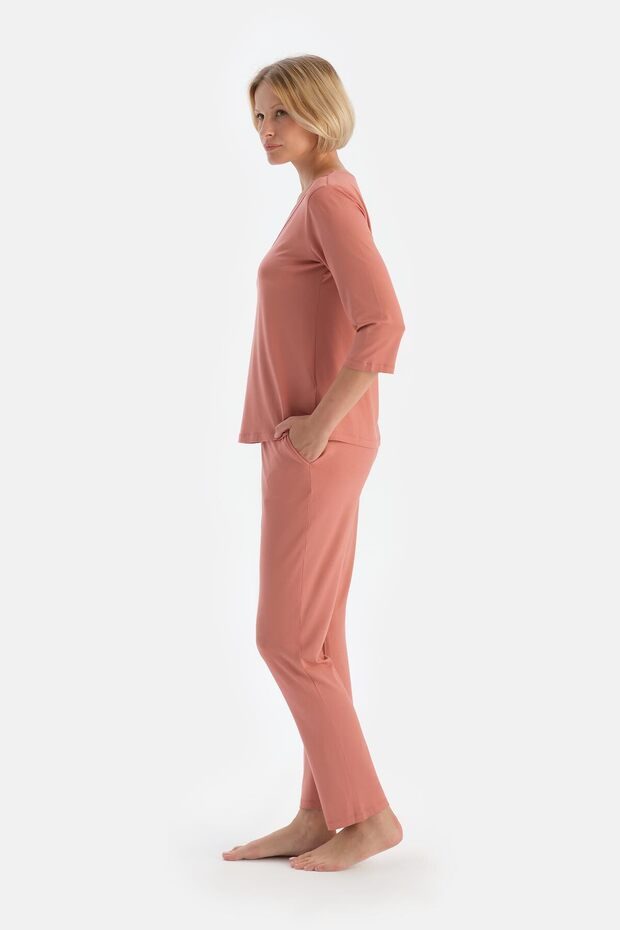 Gül Kurusu Uzun Kollu V Yaka Viskon Pijama Takımı - 3