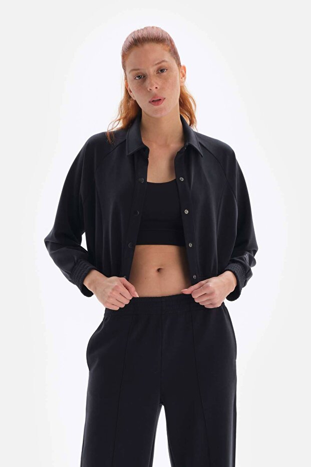 Siyah Kadın Ceket Düğmeli Cupro - 1