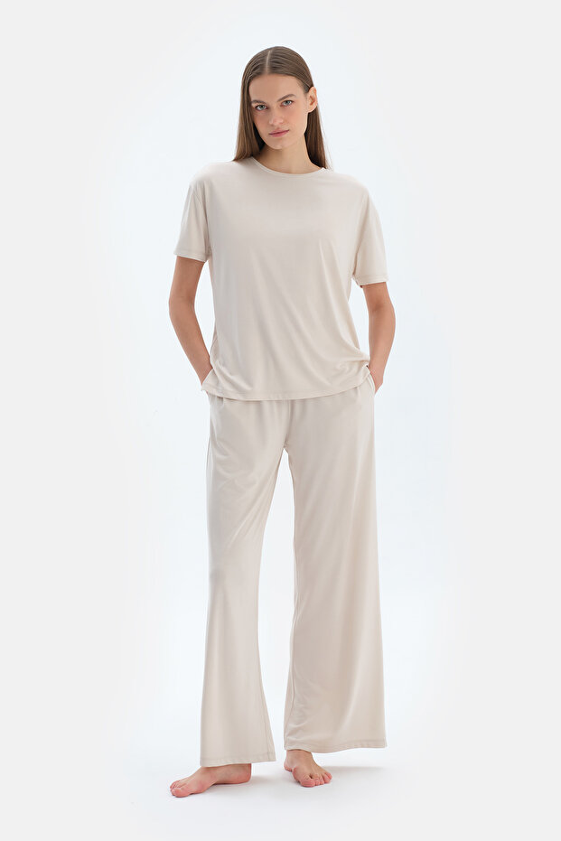 Krem Cepli Basıc Modal Pantolon - 4