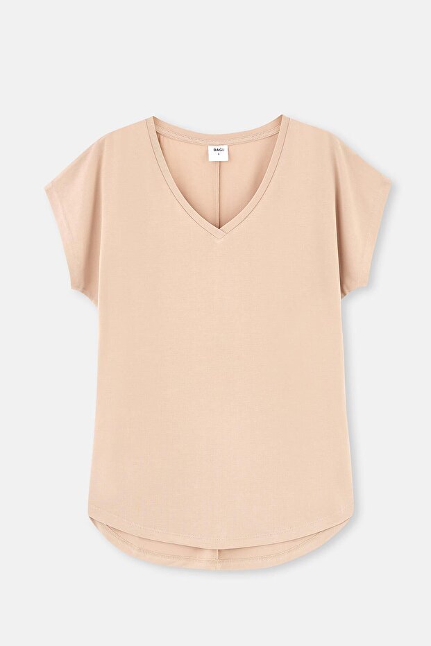Bej V Yaka Cupro Tişört - 4