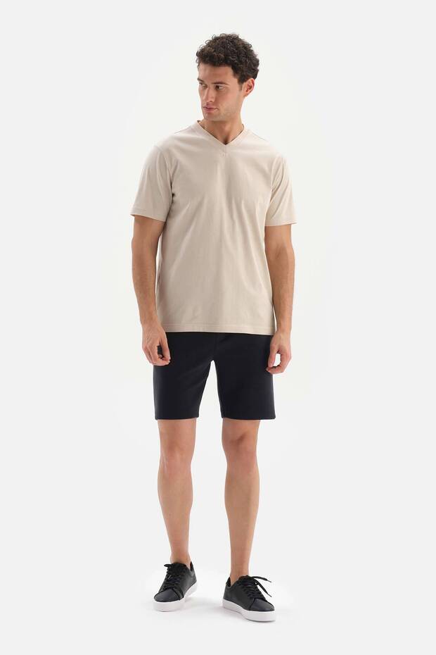 Bej V Yaka Basic Supima T-Shirt - 5