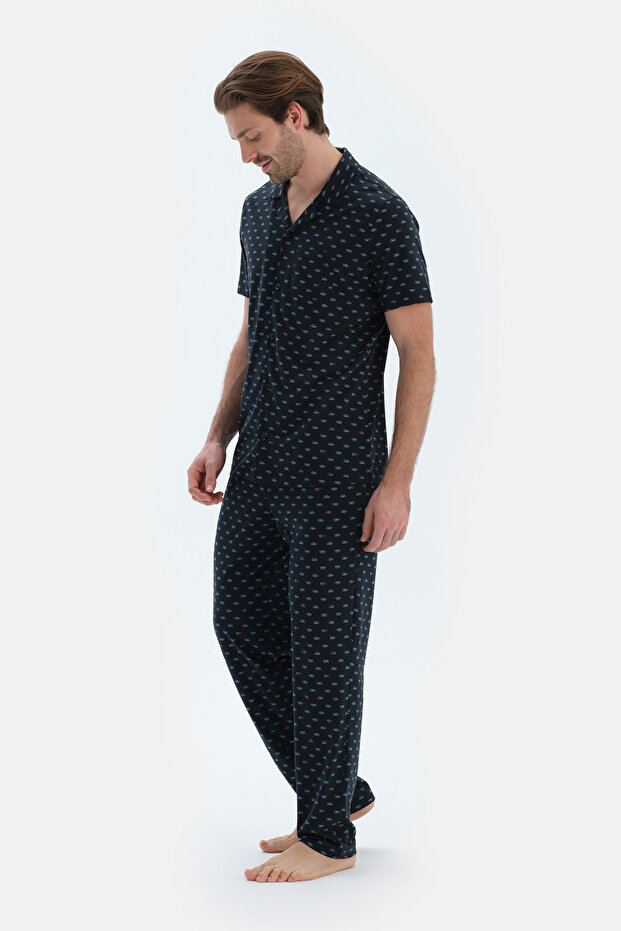 Lacivert Mıkroprınt Baskılı Penye Modal Gömlek Pantolon Pijama Takımı - 3