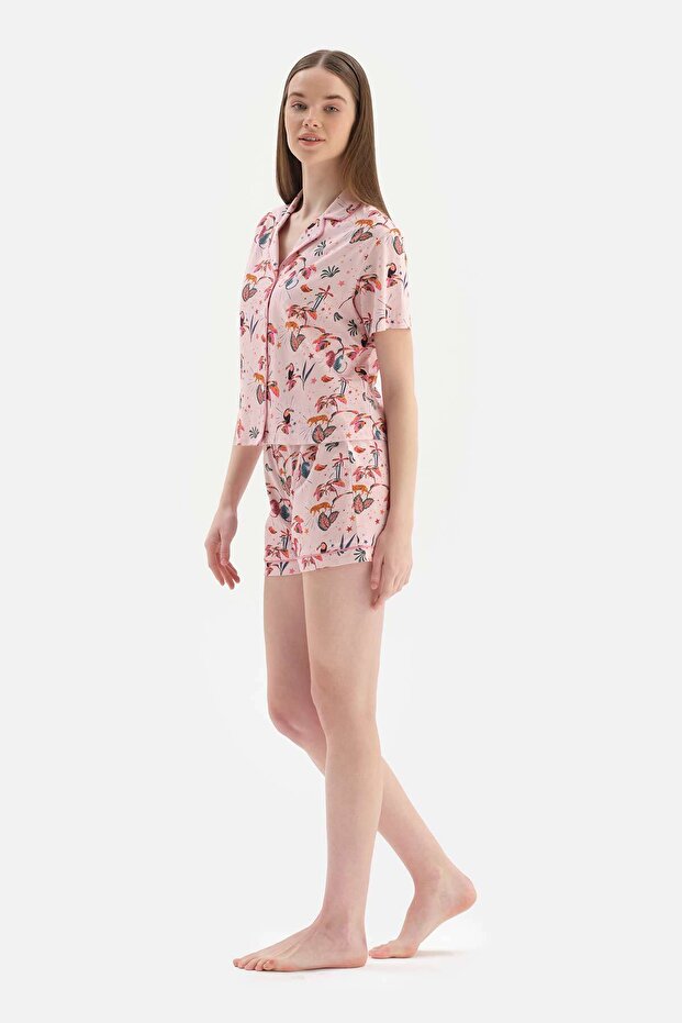 Açık Pembe Gömlek Yaka Şortlu Pijama Takımı - 3