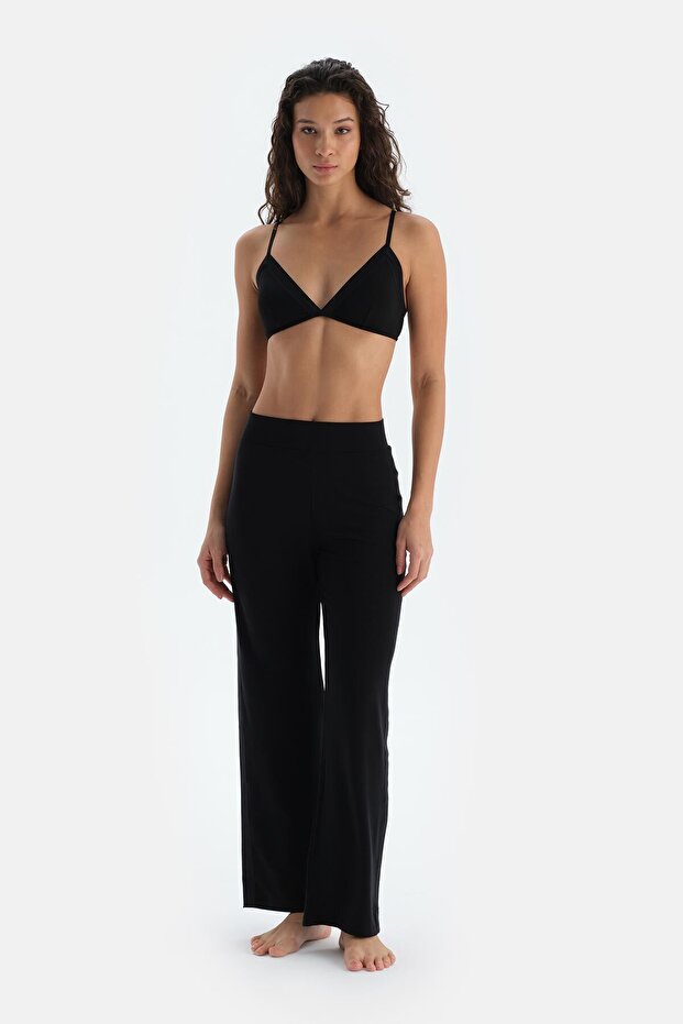 Siyah Basic Yanı Şerit Dantel Detaylı Pantolon - 1