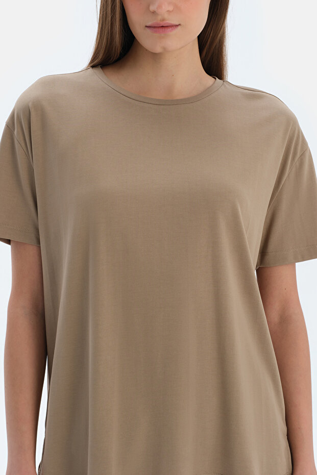 Sütlü Kahve Kısa Kollu Basıc Modal Tişört - 6