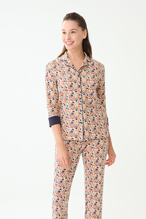 Lacivert Gömlek Yaka Pamuklu Pijama Üstü - 1