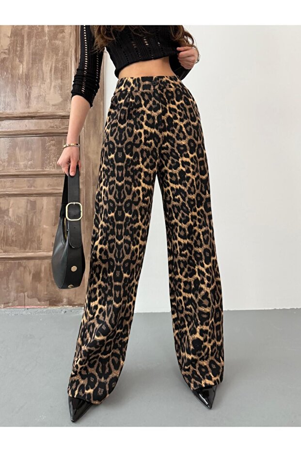 Women's Leopard Fabric Lycra Palazzo Loose Wide Leg Pants
