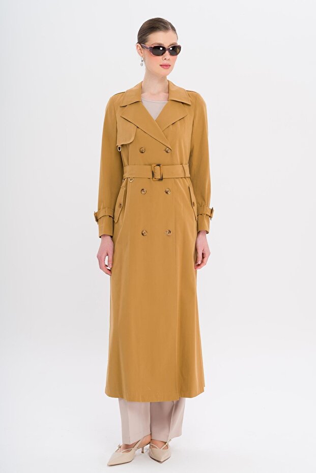 Double Breasted Leopard Pattern Lined Water Repellent Long Trench Coat Taba 6747