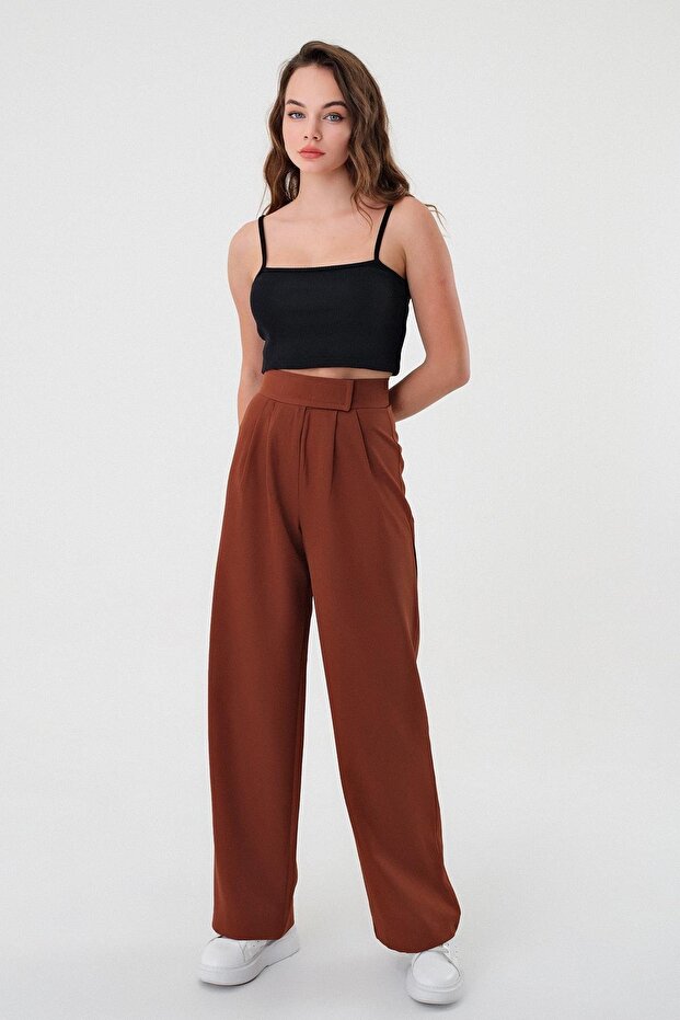 Women's Brown High Waist Velcro Palazzo Pants
