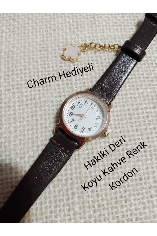Retro Minimal Model Numeral Vintage Still Charmli Gold Case Women's Wristwatch.. Dark Brown Color Strap