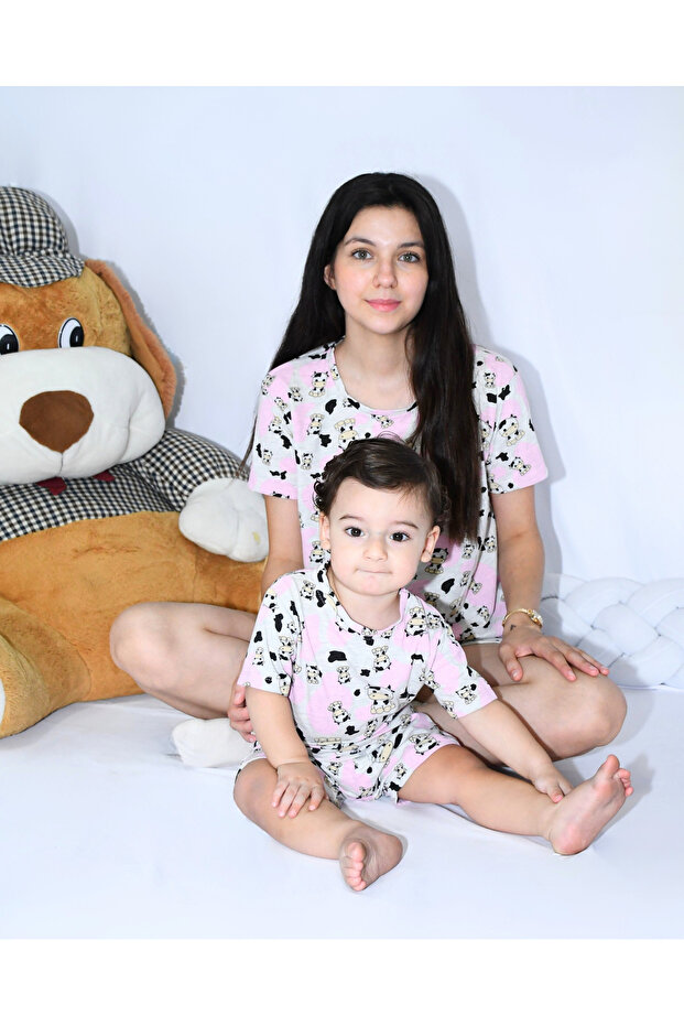 ANNE BEBEK PİJAMA TAKIMI KOMBİN İNEK DESEN KISAKOL ŞORT (TEK TEK SATILMAKTADIR) - 3
