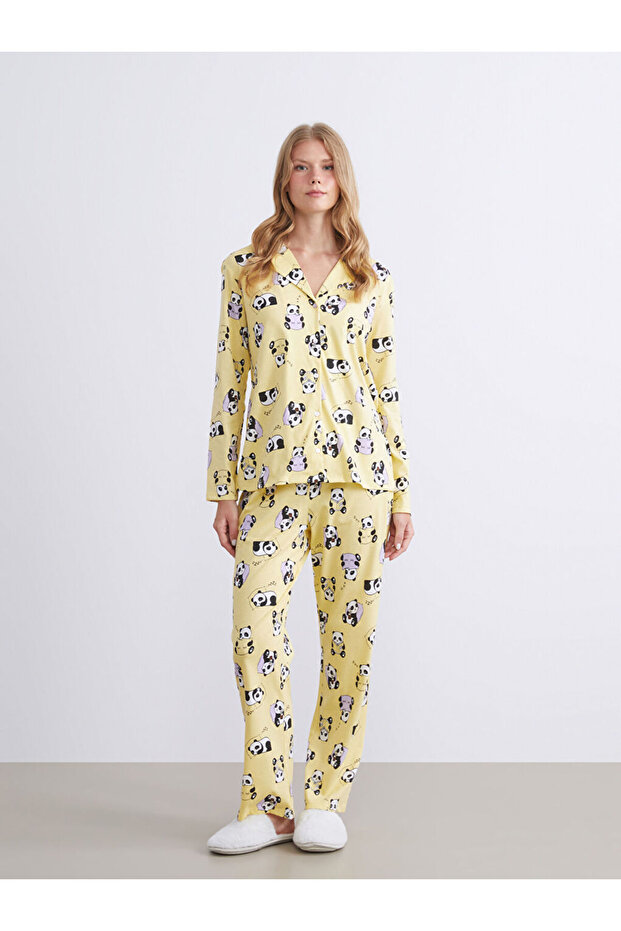 Sari Gömlek Yaka Baskılı Kadın Pijama Takımı - 2