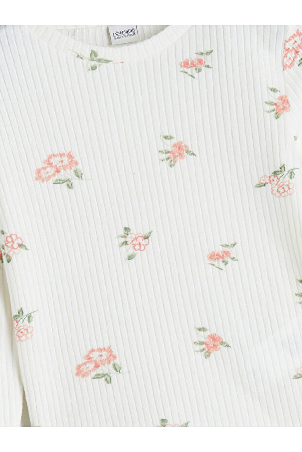 Bisiklet Yaka Çiçekli Kız Çocuk Tişört - 2