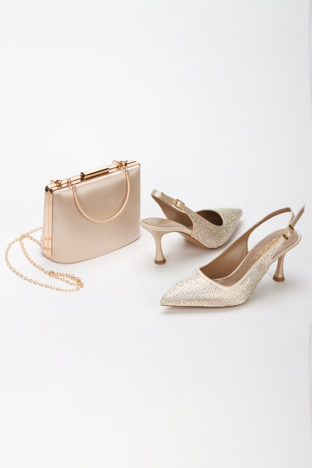 Gold Women's Style Heeled Special Edition Evening Dress Shoes and Bag Combinations