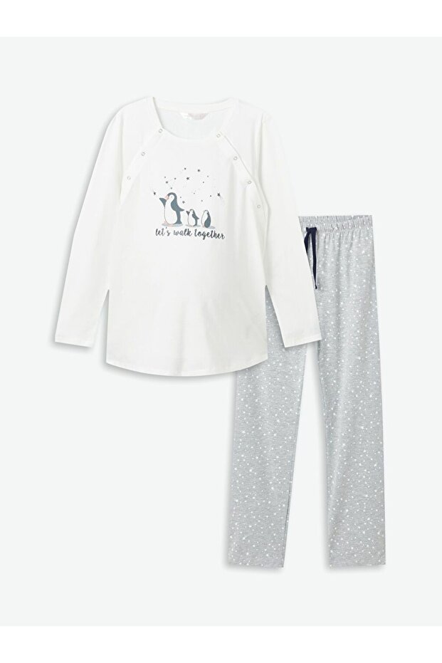 Gri Bisiklet Yaka Baskılı Uzun Kollu Hamile Pijama Takımı - 1