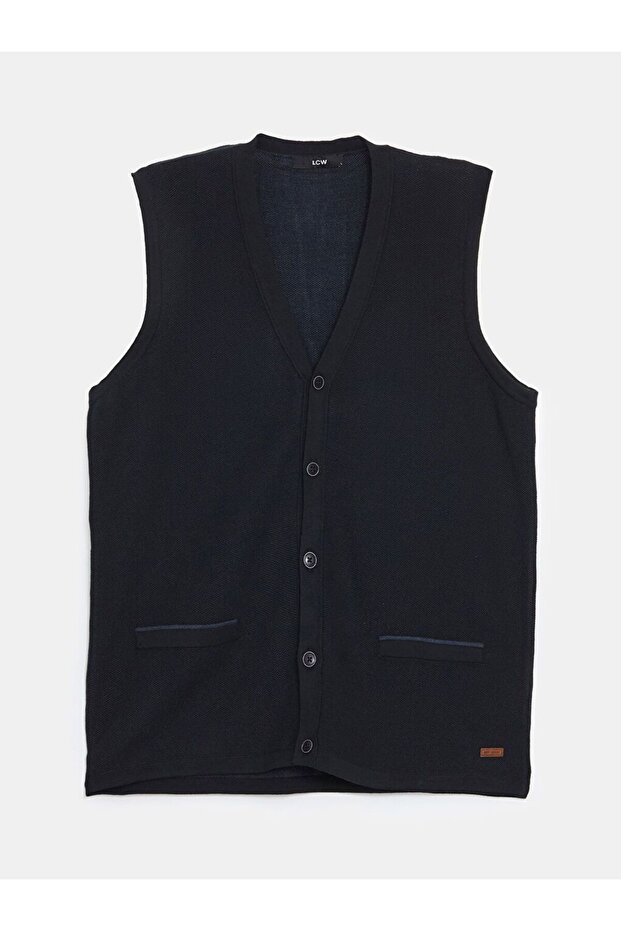 Lacivert Standart Kalıp V Yaka Erkek Triko Yelek - 1