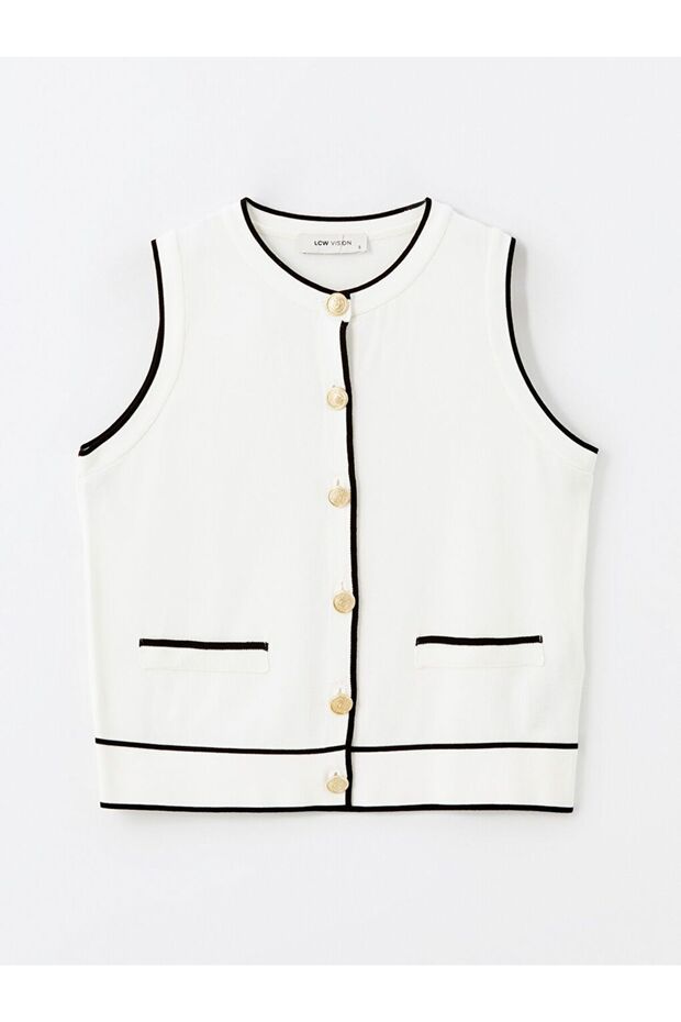 Ekru Kadın Bisiklet Yaka Düz Triko Yelek - 1