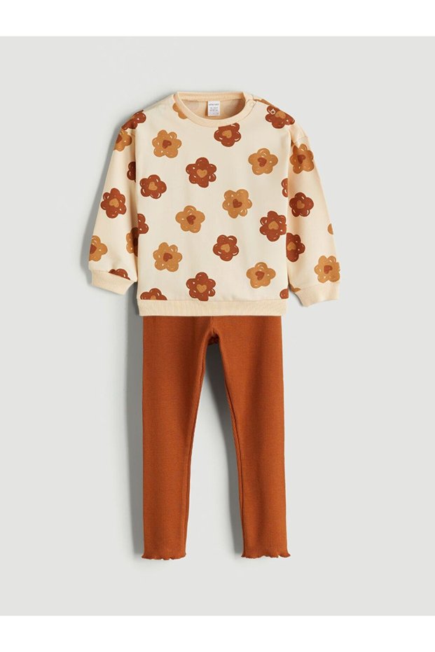 Brown Crew Neck Printed Baby Girl Sweatshirt and Leggings 2-Piece Set