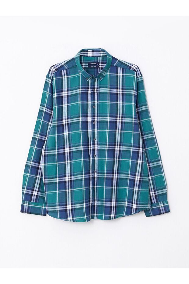 Yeşil Regular Fit Uzun Kollu Ekose Poplin Erkek Gömlek - 1
