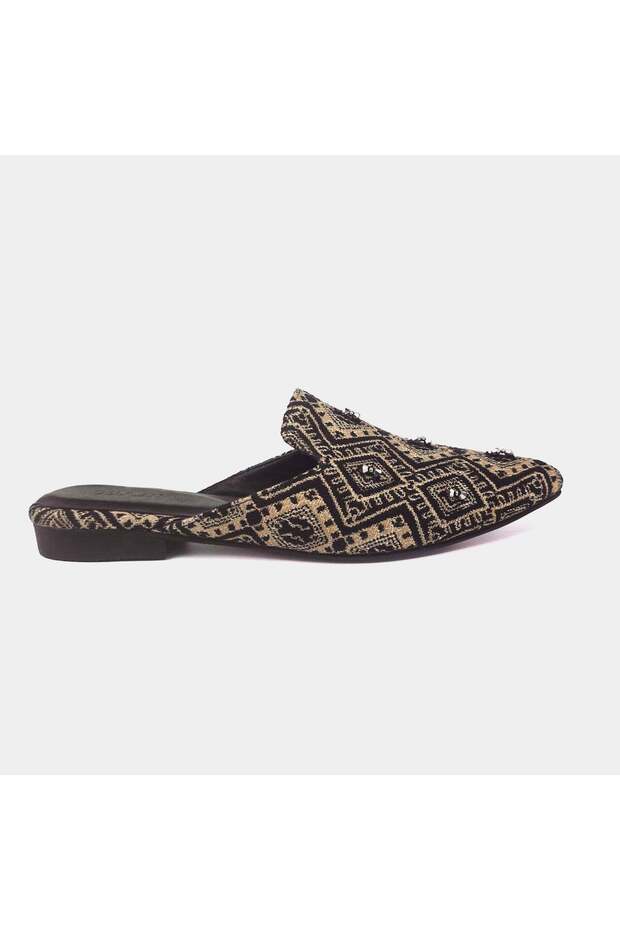 Tazeen Embroidered Mule – Genuine Leather, Handcrafted with crystals, cushioned – Black & Gold