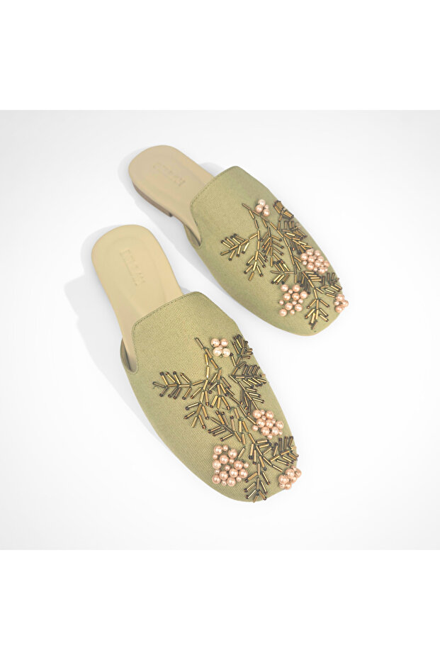 Sakura Embellished Mule – Genuine Leather, Hand-Embroidered with Beads & Pearls – Green