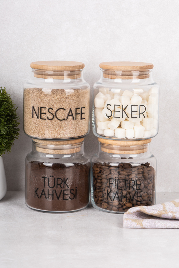 4 Adet Cam Kavanoz Seti Vakum Kapaklı Saklama Kabı Şeffaf Etiket Hediyeli Kahve Köşesi Seti 500 ml - 5