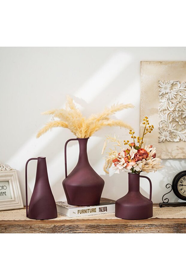 Rustic metal vase with thin RED handle - 2