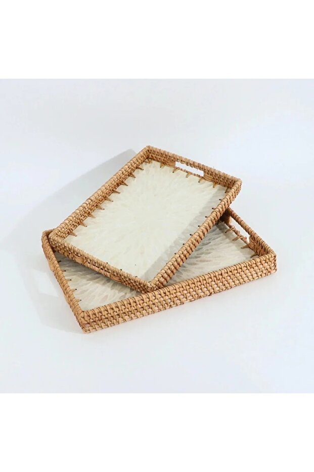 طقم صينية تقديم من الخيزران بقاعدة مزخرفة – قطعتين - 5