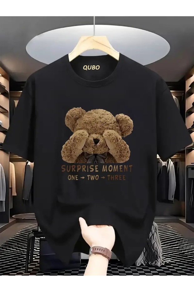 Qubo Unisex Oversize Printed Cotton Crew Neck Short Sleeve Black T-Shirt