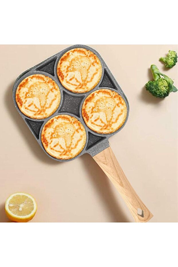 NEW Cooking Pan with Wood Handle, Non-Stick, 4 Hole Frying Pan